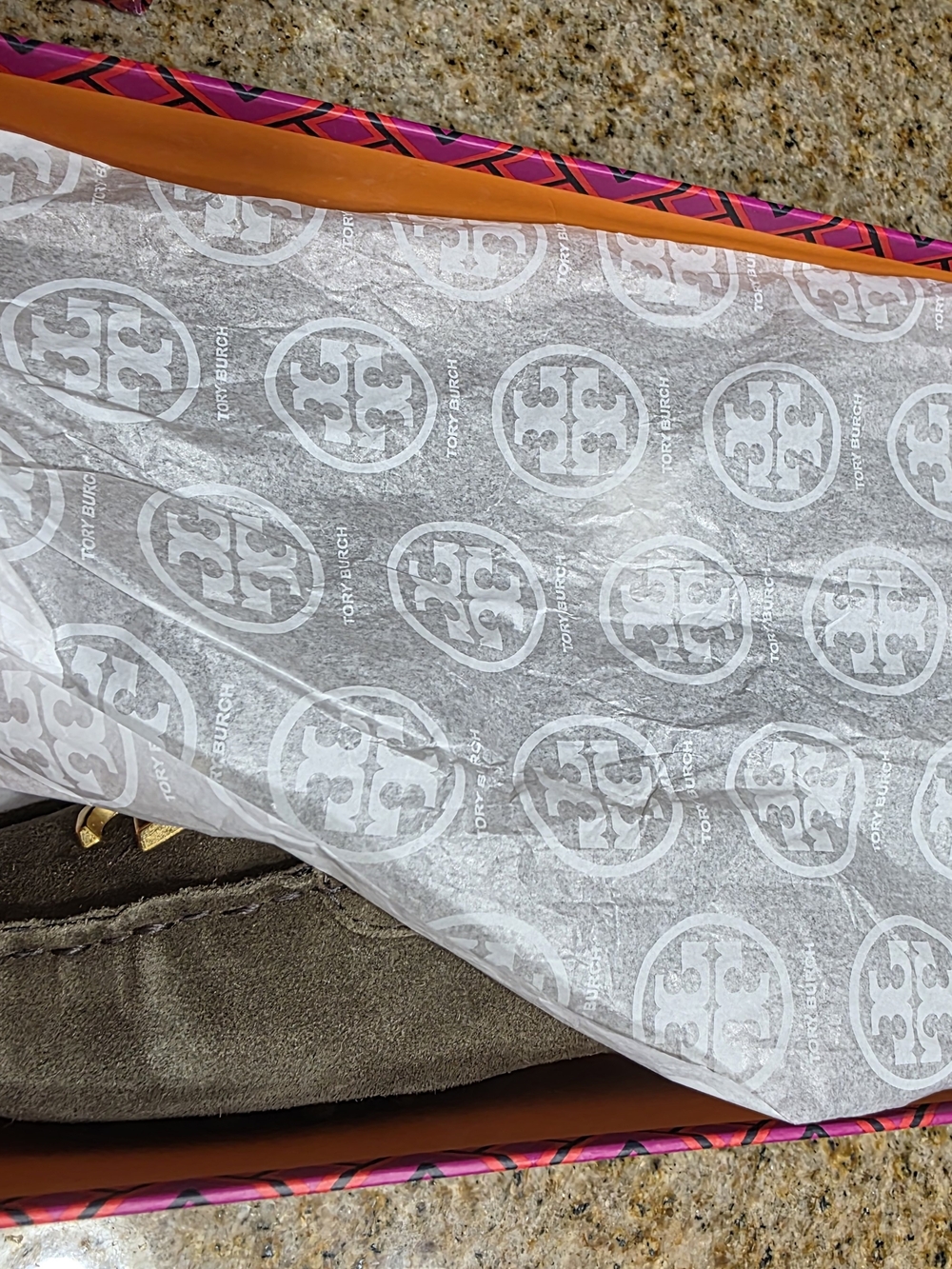 Tory Burch Taupe/Olive Suede Logo Moccasin Loafers - Picture 9 of 11